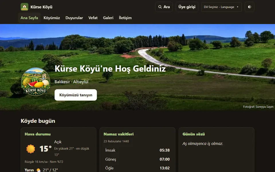 Kürse Köyü sitesinin ana sayfası: köy manzarası, hava durumu ve namaz vakitleri kutuları
