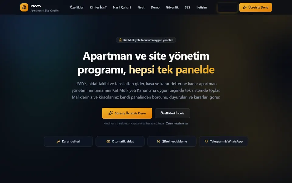PASYS apartman ve site yönetim programının tanıtım sayfası